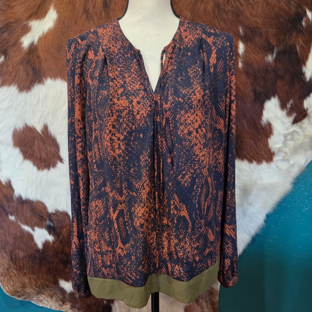 CAbi Women's Blouse in Orange and Black with Olive Trim